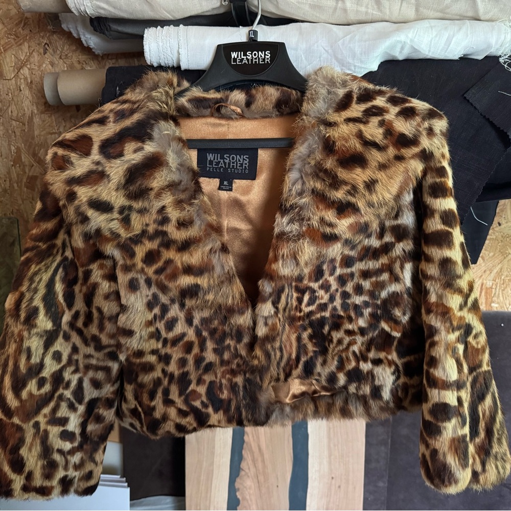 Wilsons Leather Pelle studio brand Real rabbit fur jacket in leopard print